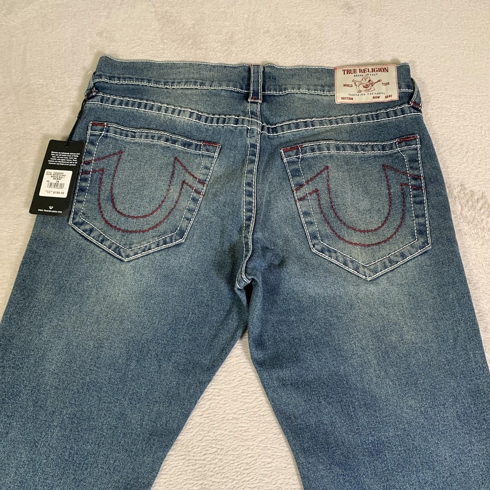 True Religion Rocco Big T Jeans Mens 34x30 Blue Medium Wash Relaxed Skinny NEW